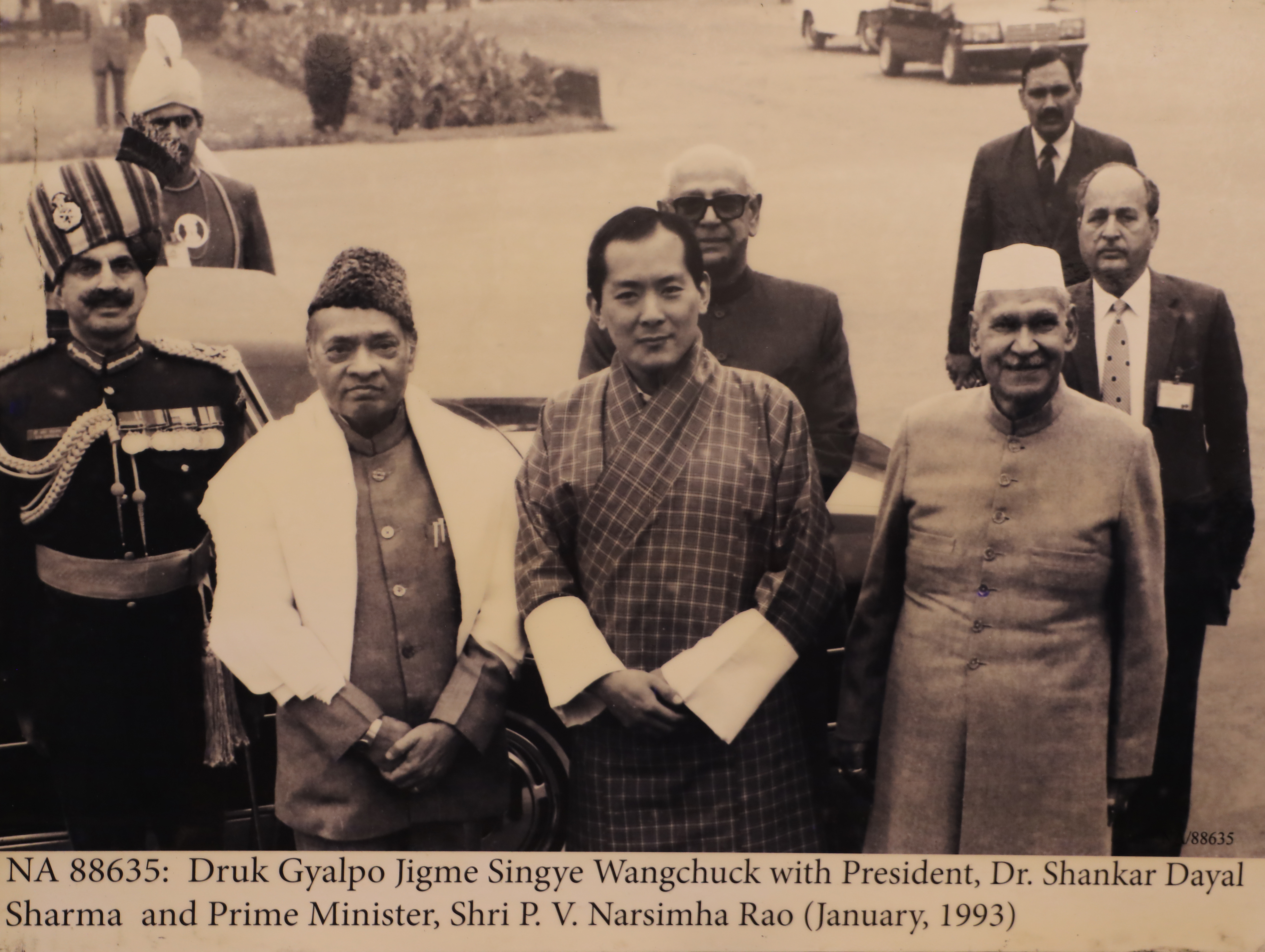 His Majesty Jigme Singye Wangchuck, The Fourth King of Bhutan with Dr. Shankar Dayal Sharma, President of India, and Shri P.V. Narasimha Rao, Prime Minister of India, in New Delhi.
(January 1993)
