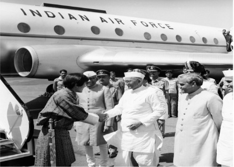 His Majesty Jigme Singye Wangchuck, The Fourth King of Bhutan, being received by Shri Neelam Sanjiva Reddy, President of India and Shri Morarji Desai, Prime Minister of India, on his arrival at Delhi airport.
(26 March 1978) 
