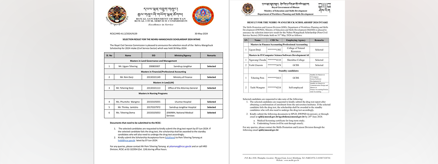  Congratulations to nine selected candidates for the award of Nehru-Wangchuck PG Scholarship for 2024. We wish them every success in their pursuit of academic excellence